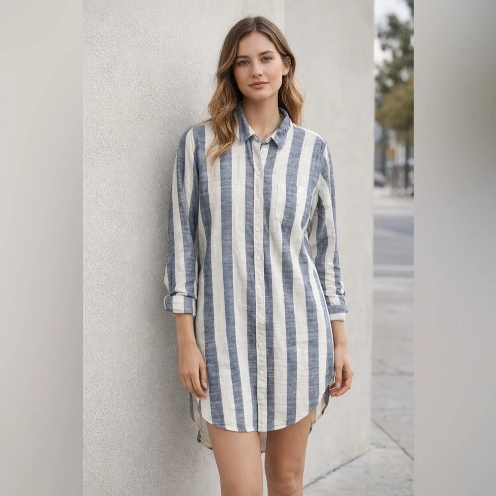 Birds of Paradis by Trovata Blue & White Striped Linen Blend Shirt Dress - Picture 1 of 8